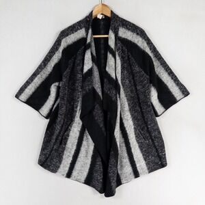 Chicos Sweater Womens 1 Medium Black Gray Stripe Fuzzy Wool Blend Open Front
